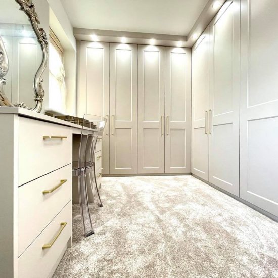 Cashmere eclipse hinged wardrobe dressing room / walk-in with gold handles & spotlights fitted in Barnsley