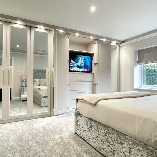 Deco Style Hinged Wardrobes in Cashmere With media Unit