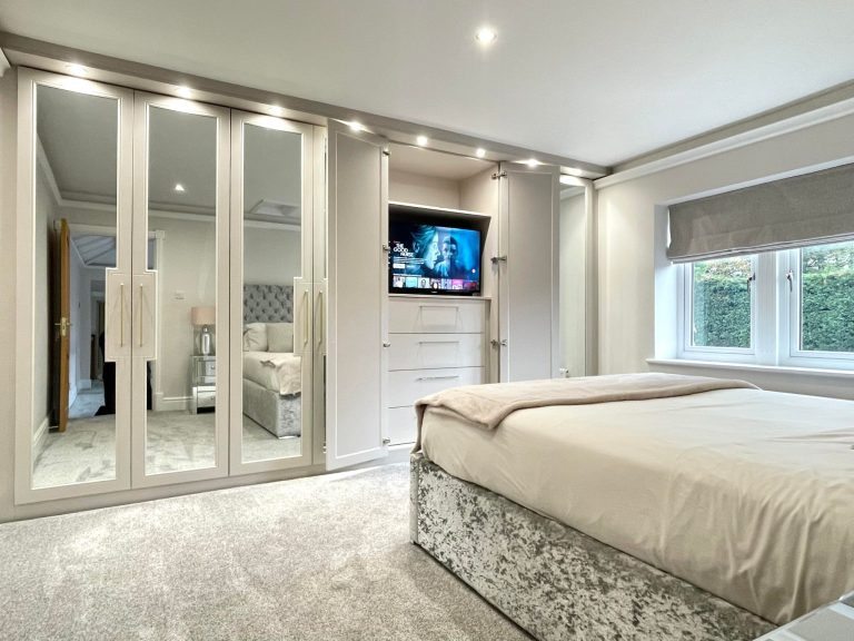 Deco Style Hinged Wardrobes in Cashmere With media Unit